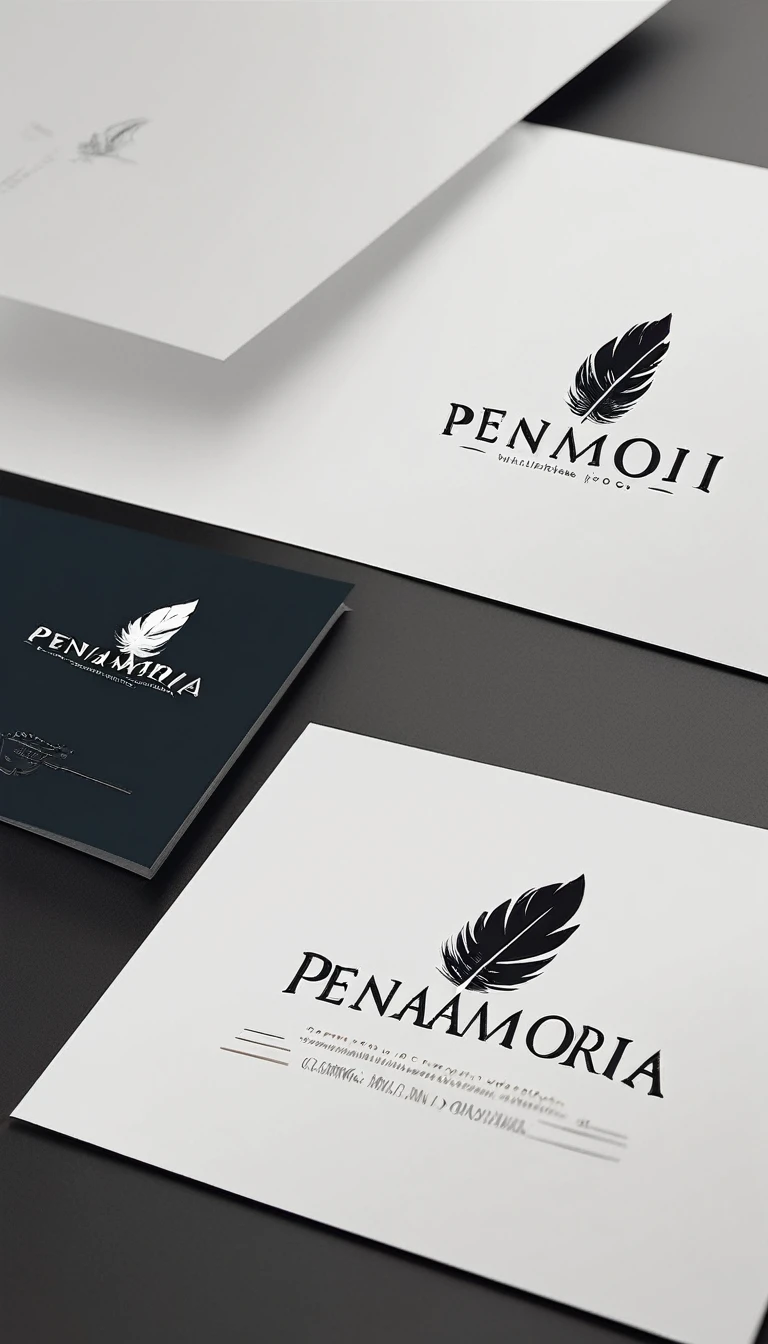 A minimal, modern, simple, cinematic logo design for the brand “Penamemoria". Create a modern, minimalistic, high-quality, logo of a Feather-Boy