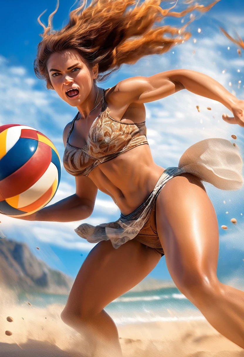 a sports picture best quality of a cave woman playing volleyball at the beach at the stone age, an extraordinary beautiful cave woman wearing animal leather sport ware playing volleyball at the beach, there is (mammoth: 1.2) watching her play, stone age beach background, its sunny day, sun rays,((anatomically correct : 1.5)),  ultra-high resolution, High Contrast, (masterpiece:1.5), highest quality, Best aesthetics), best details, best quality, highres, 16k, [ultra detailed], masterpiece, best quality, (extremely detailed), Cinematic Hollywood Film,