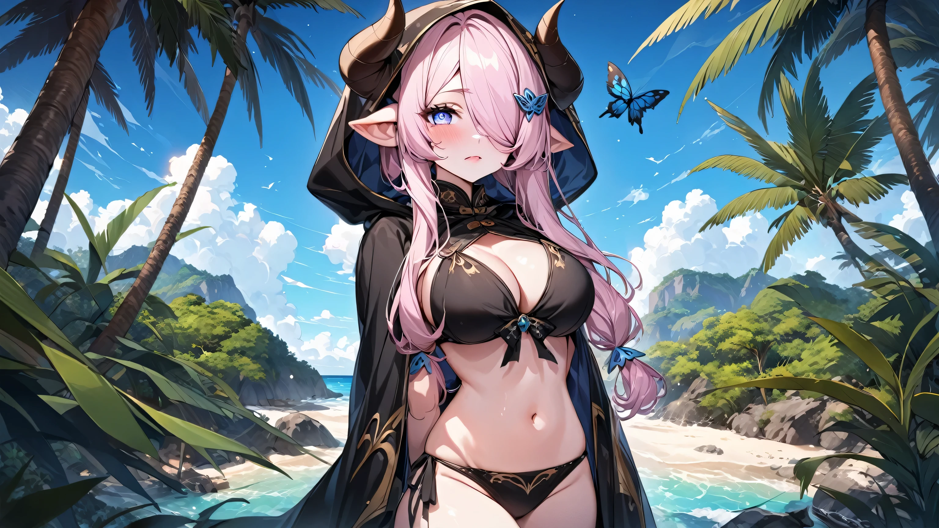 Vibrant, high-definition anime-style illustration set on a tropical beach. The layout features a central female character, Narmaya, with long pink hair, partially covered by a hooded cloak adorned with brown horns. She has fair skin, large expressive blue eyes and pink pupils, and a small blue butterfly hair clip. One eye is covered by her hair. The character is wearing a revealing black bikini with gold accents, and her hands are holding the edges of her cloak. The background showcases a pristine beach with white sand, lush green foliage, and tall palm trees. The clear blue sky and turquoise ocean complete the idyllic setting, with distant islands visible on the horizon. Narmaya and her attire are meticulously detailed. The intense effort put into shading brings this image to a realistic style. Gorgeous vibrant colors draw the eye. Narmaya's suggestive stance brings the viewers focus to her large and perfectly shaped breasts.
(masterpiece), best quality, expressive eyes, perfect face, suggestive pose, purple and pink background, seductive, fantasy, 8k, absurdres, narmaya, pink hair, blue eye with pink pupil, hair over eye, draph, horns, butterfly hair clip, black bikini, hood, defined hands, perfect hands, perfect fingers,