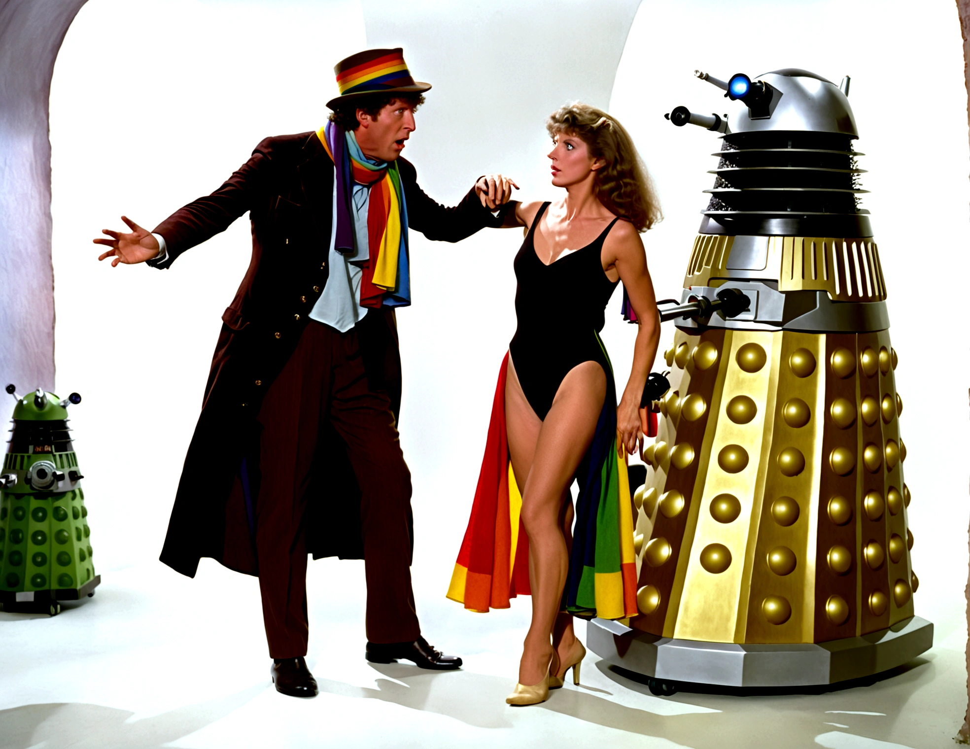 Tom Baker Doctor Who 1980 (classic rainbow scarf and felt hat), is arguing with a dalek, his companion (a swift woman, alien sexy leotard) damsel in distress shackled to the wall