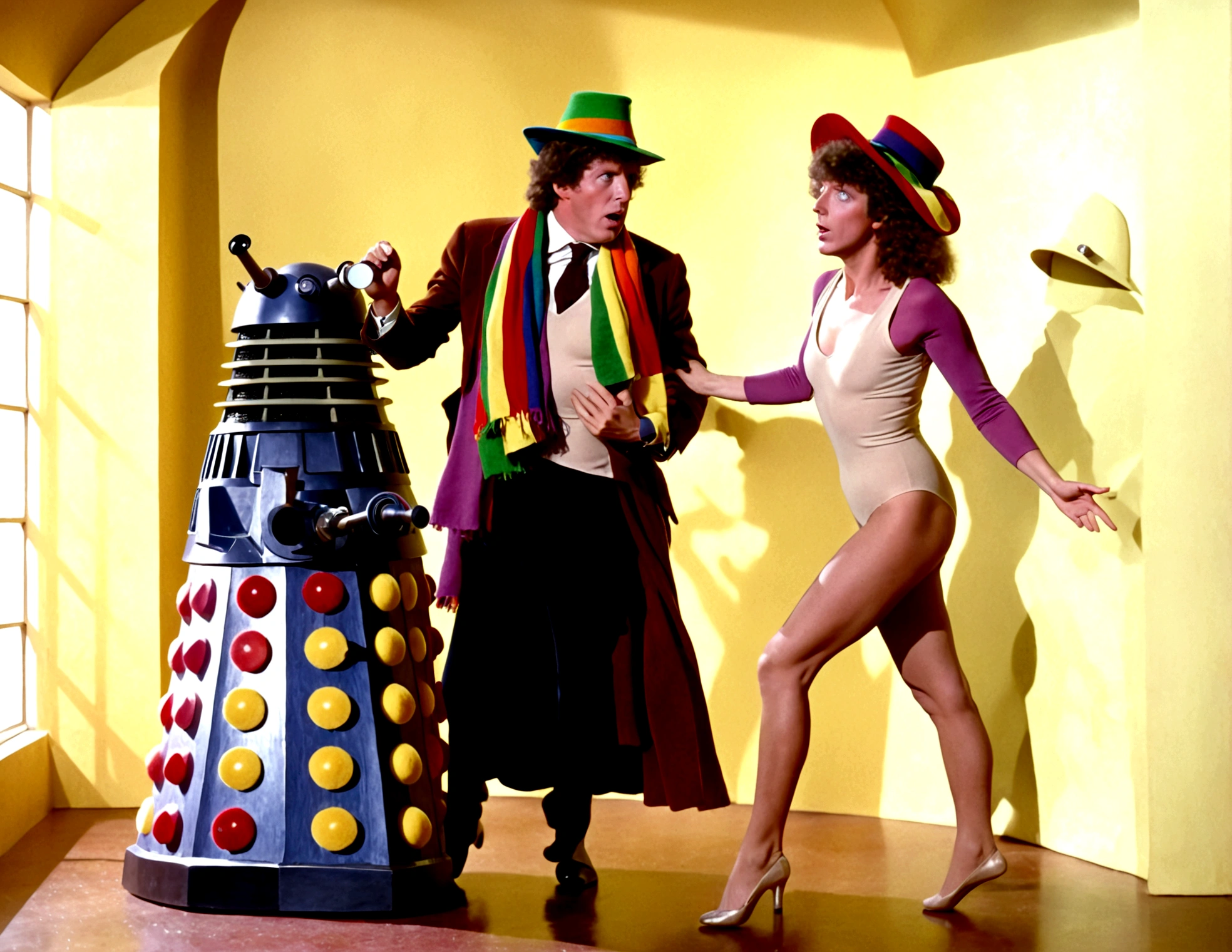 Tom Baker Doctor Who 1980 (classic rainbow scarf and felt hat), is arguing with a dalek, his companion (a swift woman, alien sexy leotard) damsel in distress shackled to the wall
