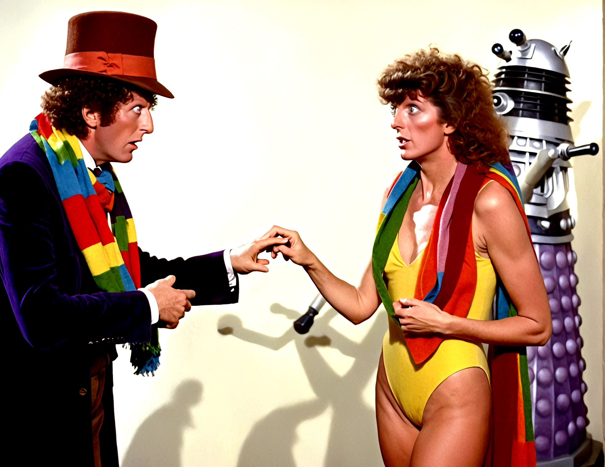 Tom Baker Doctor Who 1980 (classic rainbow scarf and felt hat), is arguing with a dalek, his companion (a swift woman, alien sexy leotard) damsel in distress shackled to the wall
