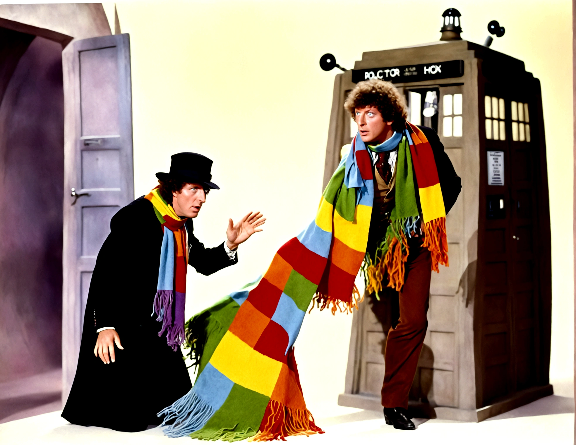 Tom Baker Doctor Who 1980 (classic rainbow scarf and felt hat), is arguing with a dalek, his companion (a swift woman, alien sexy leotard) damsel in distress shackled to the wall
