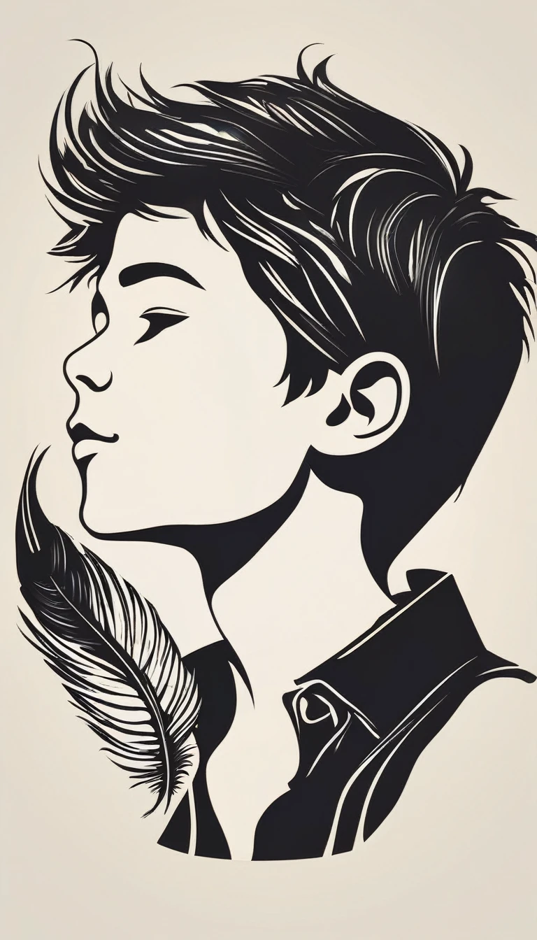 A minimalist, fantastic, poetic, dreamy, captivating, memorable, masterpiece, modern, simple logo design of a boy and a feather for the brand “Penamemoria". The logo must convey a sense of music, stories and dreams. Minimalistic logo design of a boy and a feather.