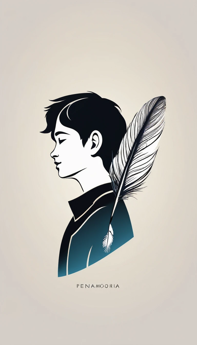 A minimalist, fantastic, poetic, dreamy, captivating, memorable, masterpiece, modern, simple logo design of a boy and a feather for the brand “Penamemoria". The logo must convey a sense of music, stories and dreams. Minimalistic logo design of a boy and a feather.