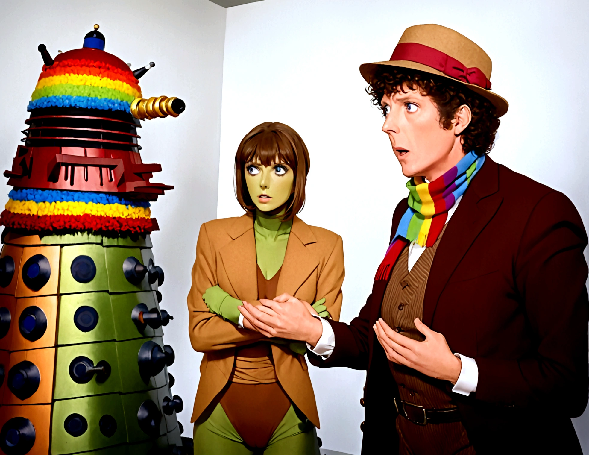 Tom Baker Doctor Who 1980 (classic rainbow scarf and felt hat), is arguing with a dalek, his companion (a swift woman, alien sexy leotard) damsel in distress shackled to the wall
