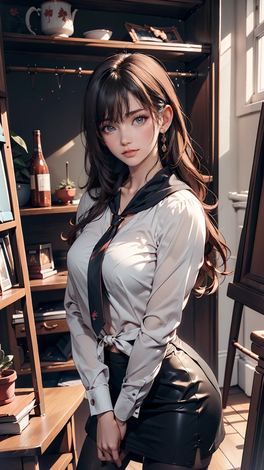 Photography in the studio、Posing in front of the horizon、Sexy proportions、24-year-old female、Scarf Tie Blouse((scarf tie brouse))、Tight Skirt、Black Stockings、Stiletto heels、Arms crossed((Chest lifted))、Hime cut((hime cut))