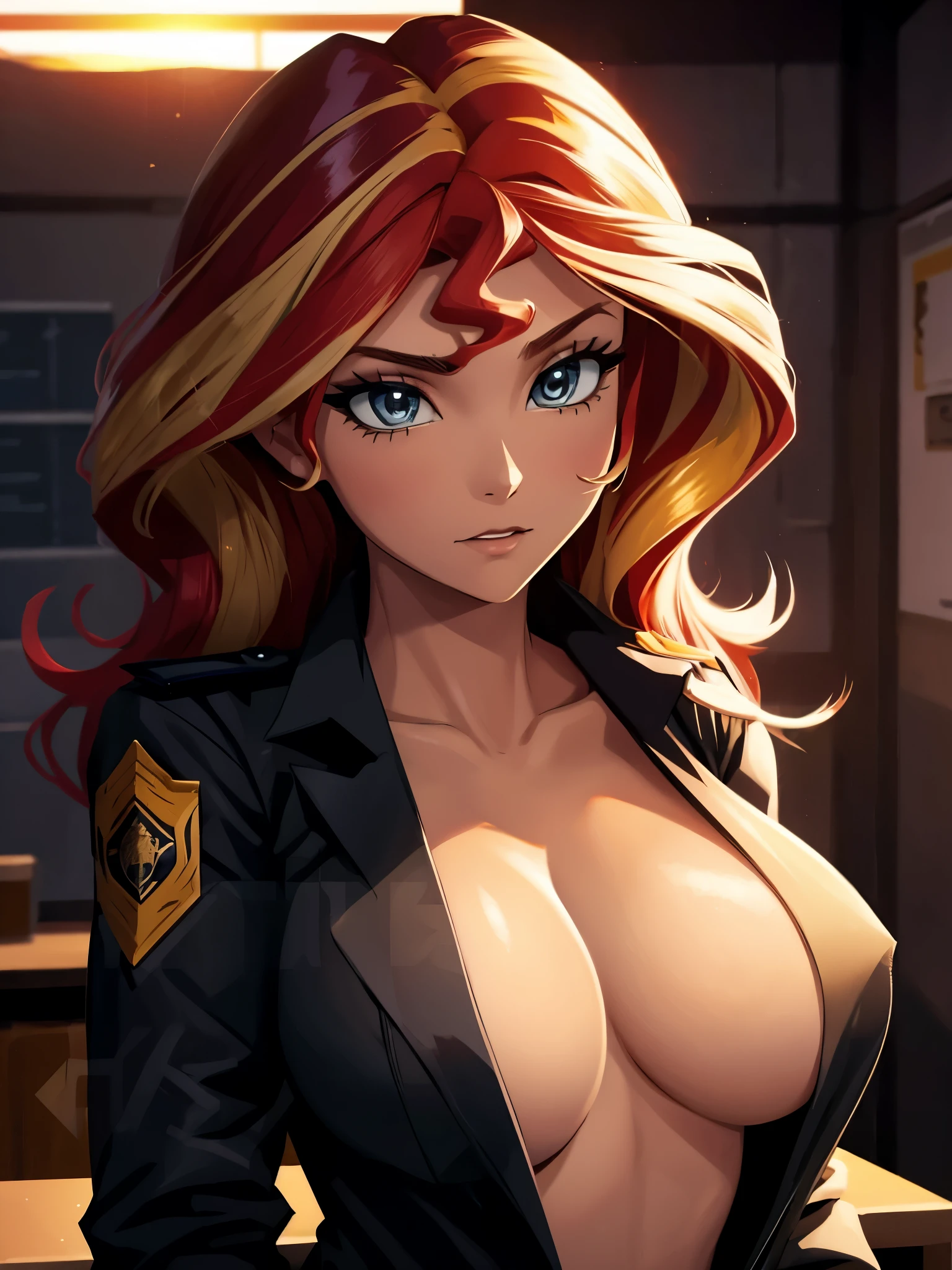 Sunset shimmer, police uniform, open shirt, breasts, nipples, in an interrogation room, dim lighting, seductive expression