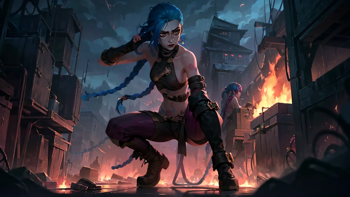 (masterpiece, Best quality), 1 girl, portrait, very sexy, crazy look, smile, crying, pink tears, tears on the cheeks, tears from eyes, full length (full body 1.1.), очень feminine, fighting stance, battle, fire, explosions, burning city, Beautiful waist, gloomy composition, flame, fire, Flash, very beautiful, feminine, long hair, hair braided in long braids, very sexy, tight leather pants, emphasis on the eyes, emphasis on the face, Beautiful face, Hands, Hair, Haired ponytail, red purple eyes, Джинкс crying, Blue cloud tattoo, (masterpiece, Best quality), Side lighting, beautiful detailed eyes, crazy face), (Best quality), (masterpiece), magic photography, Spectacular lighting, Photorealism, ultra detailed, интимная portraitная композиция, 1. 4,8 k UHD, aesthetic, Cd., A high resolution, 8 k, better lighting, Best shade, Ultra-HD, A high resolution, sharp focus, Complex background, Cinematic lighting, ((Landscape view)), 4K block, (better lighting), ((Cinematic lighting)),