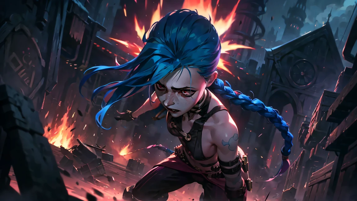 (masterpiece, Best quality), 1 girl, portrait, very sexy, crazy look, smile, crying, pink tears, tears on the cheeks, tears from eyes, full length (full body 1.1.), очень feminine, fighting stance, battle, fire, explosions, burning city, Beautiful waist, gloomy composition, flame, fire, Flash, very beautiful, feminine, long hair, hair braided in long braids, very sexy, tight leather pants, emphasis on the eyes, emphasis on the face, Beautiful face, Hands, Hair, Haired ponytail, red purple eyes, Джинкс crying, Blue cloud tattoo, (masterpiece, Best quality), Side lighting, beautiful detailed eyes, crazy face), (Best quality), (masterpiece), magic photography, Spectacular lighting, Photorealism, ultra detailed, интимная portraitная композиция, 1. 4,8 k UHD, aesthetic, Cd., A high resolution, 8 k, better lighting, Best shade, Ultra-HD, A high resolution, sharp focus, Complex background, Cinematic lighting, ((Landscape view)), 4K block, (better lighting), ((Cinematic lighting)),