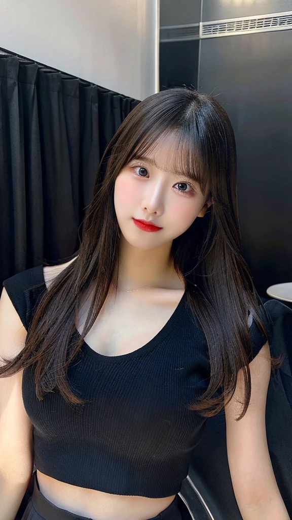 Very perfect body, Beautiful face, long hair, big breasts, black top, black skirt