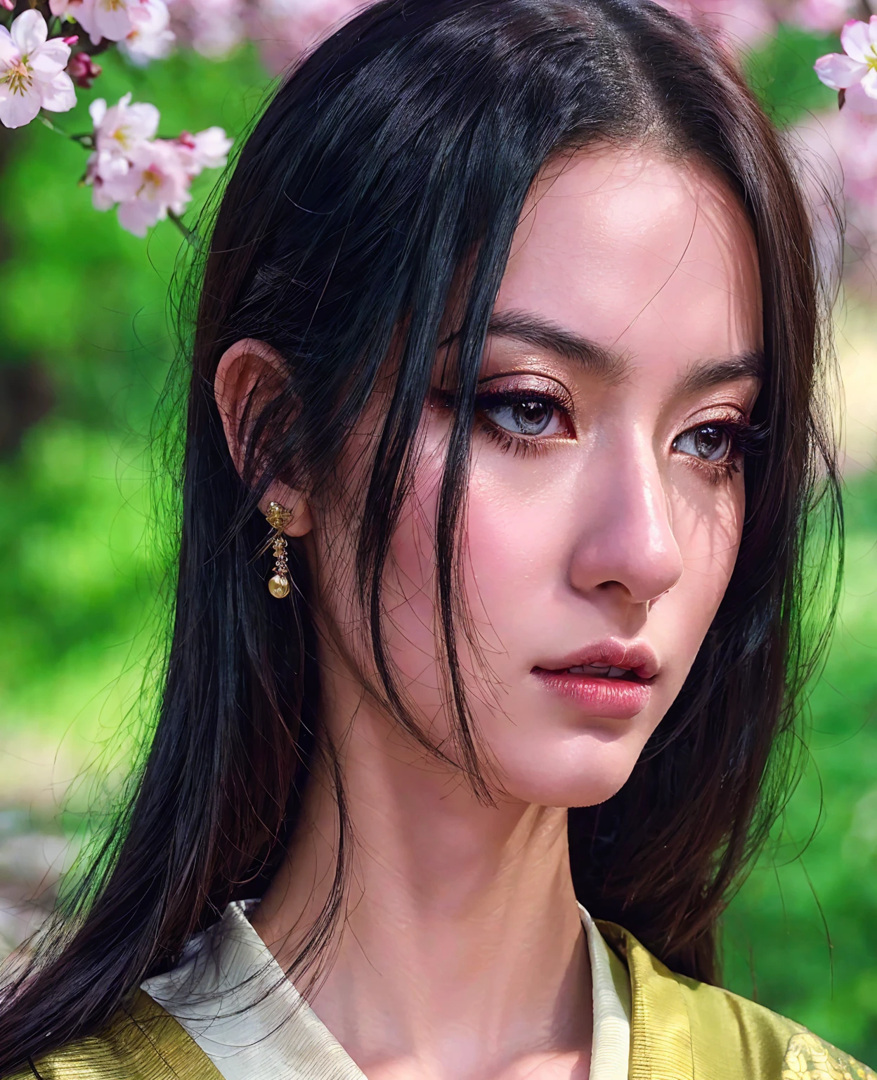 A beautiful anime girl, detailed eyes, long eyelashes, elegant makeup, delicate facial features, flowing hair, detailed kimono with intricate patterns, serene expression, soft lighting, pastel colors, Japanese garden background, cherry blossom petals, (best quality,8k,highres,masterpiece:1.2),ultra-detailed,(realistic,photorealistic,photo-realistic:1.37),digital painting,concept art,fine art portrait