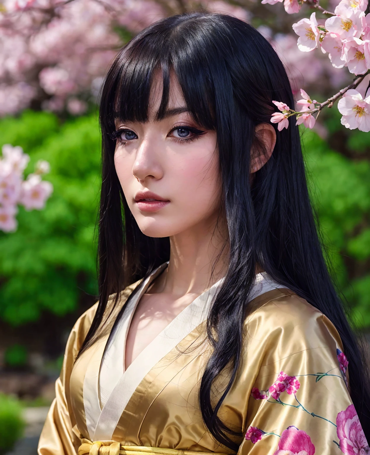 A beautiful anime girl, detailed eyes, long eyelashes, elegant makeup, delicate facial features, flowing hair, detailed kimono with intricate patterns, serene expression, soft lighting, pastel colors, Japanese garden background, cherry blossom petals, (best quality,8k,highres,masterpiece:1.2),ultra-detailed,(realistic,photorealistic,photo-realistic:1.37),digital painting,concept art,fine art portrait