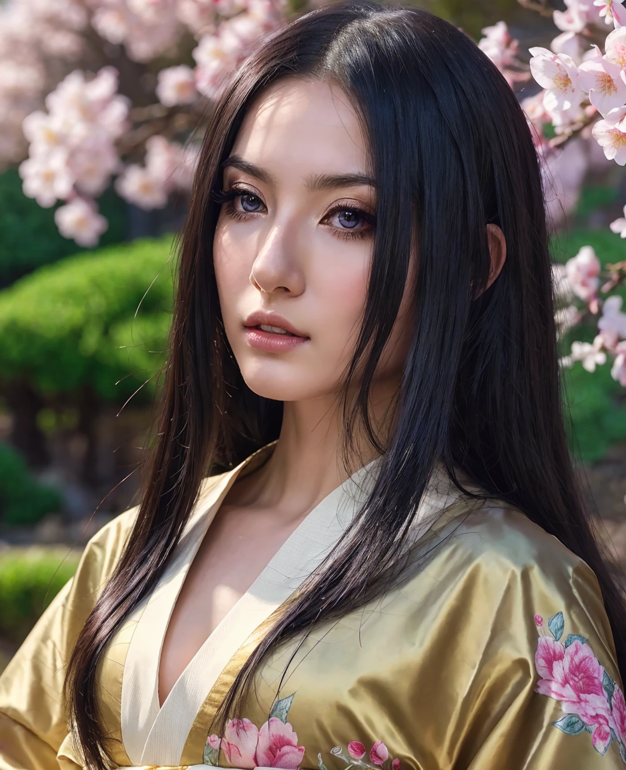 A beautiful anime girl, detailed eyes, long eyelashes, elegant makeup, delicate facial features, flowing hair, detailed kimono with intricate patterns, serene expression, soft lighting, pastel colors, Japanese garden background, cherry blossom petals, (best quality,8k,highres,masterpiece:1.2),ultra-detailed,(realistic,photorealistic,photo-realistic:1.37),digital painting,concept art,fine art portrait