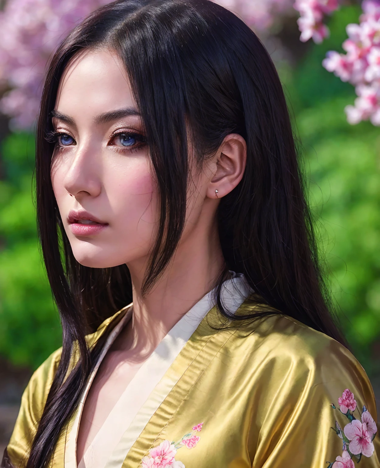 A beautiful anime girl, detailed eyes, long eyelashes, elegant makeup, delicate facial features, flowing hair, detailed kimono with intricate patterns, serene expression, soft lighting, pastel colors, Japanese garden background, cherry blossom petals, (best quality,8k,highres,masterpiece:1.2),ultra-detailed,(realistic,photorealistic,photo-realistic:1.37),digital painting,concept art,fine art portrait