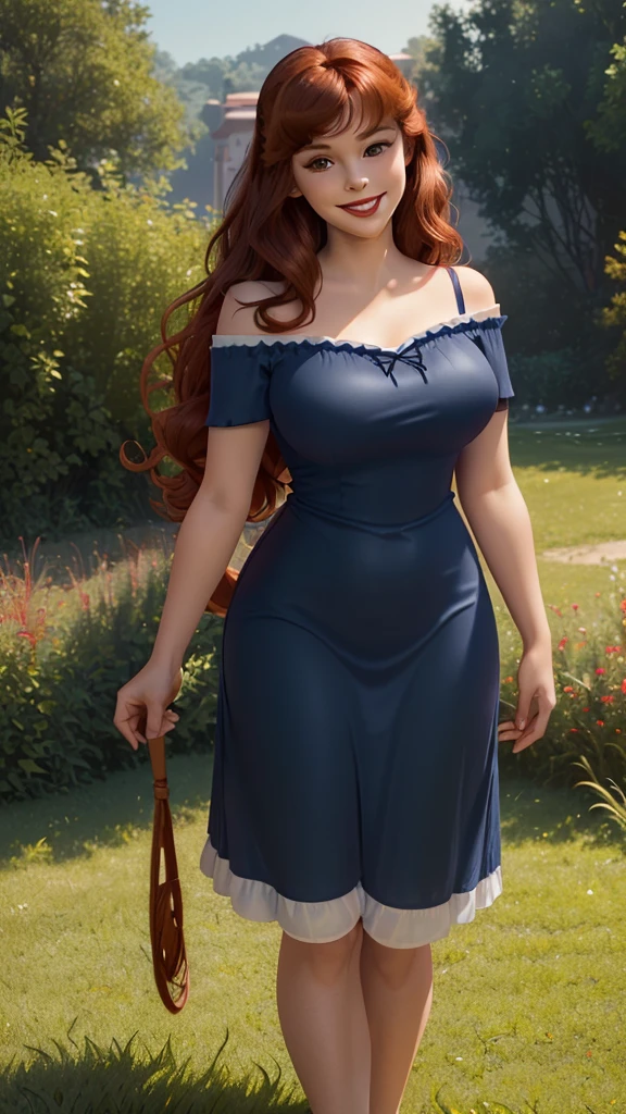 DisneyAurora, 27 years old, full body view Beautiful woman (((shoulder length wavy auburn hair, two side up with bangs))) defined body, voluptuous, sexy, Red lipstick, hands free, (((mouth slightly open, smiling))) (((standing facing camera))) ((( short sleeve, navy blue nightgown ))), in moonlit grassy field (large_breasts:1.2) (curvy:1.1)(chubby:0.9)