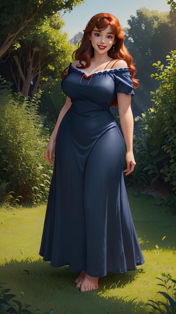 DisneyAurora, 27 years old, full body view Beautiful woman (((shoulder length wavy auburn hair, two side up with bangs))) defined body, voluptuous, sexy, Red lipstick, hands free, (((mouth slightly open, smiling))) (((standing facing camera))) ((( short sleeve, navy blue nightgown ))), in moonlit grassy field (large_breasts:1.2) (curvy:1.1)(chubby:0.9)