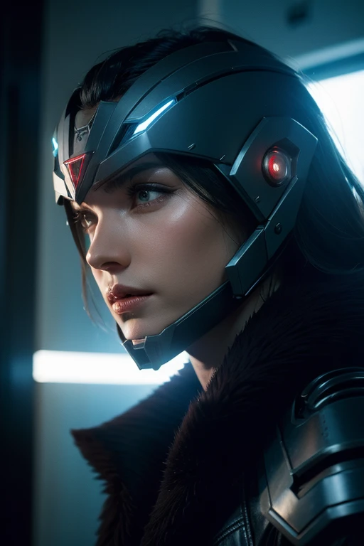 a highly detailed portrait of an assassin with a futuristic full-face helmet, glowing eyes, and sleek cyberpunk-style armor, dark and moody atmosphere, dramatic lighting, cinematic composition, hyper-realistic, dark and gritty, moody, dramatic, dystopian, neo-noir, intricate details, intricate design, mechanical, industrial, advanced technology, complex patterns, 8k, masterpiece, photorealistic