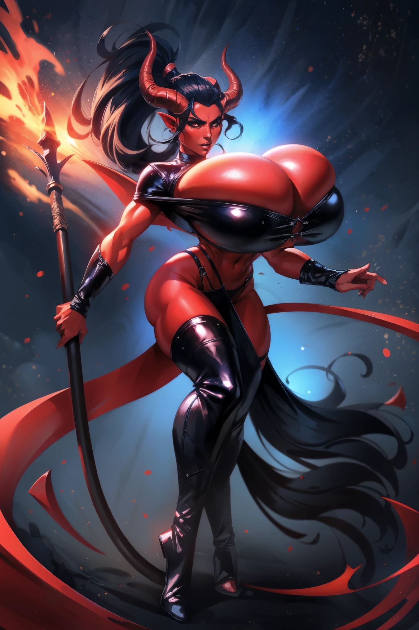 Red skin succubus tiefling, large breasts, black horns, wings, huge tail, black leather, crop top, long flowing pelvic curtain, tall, toned, graceful, thin, long black ponytail. Action scene, whip. Dark scene, explosions, night sky.