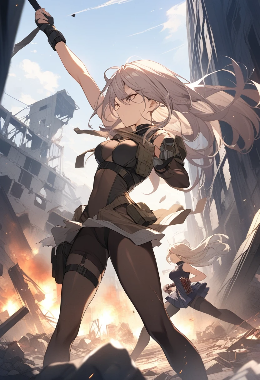 a woman in a bodystocking fights with a girl who has ammunition hanging on his arm, a destroyed factory