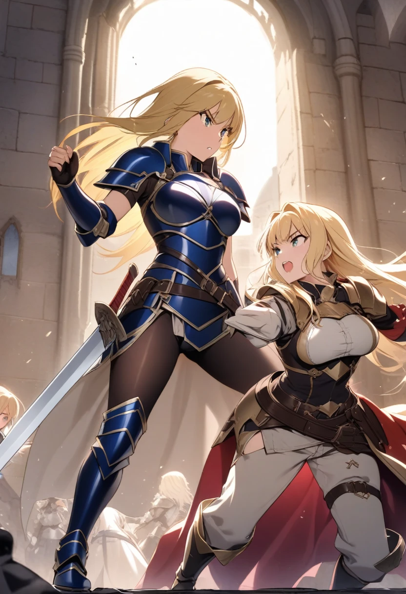 blonde girls in armor. Fight sword afroamerican Womans girls in the castle