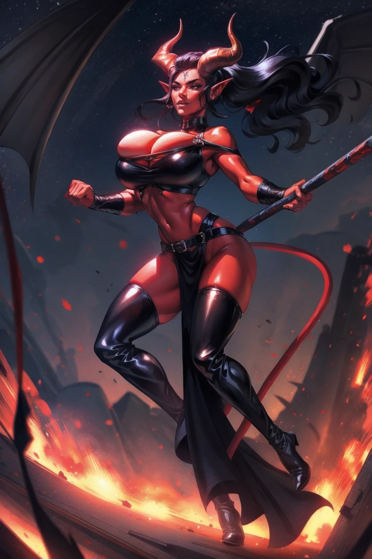 Red skin succubus tiefling, large breasts, black horns, wings, huge tail, black leather, crop top, long flowing pelvic curtain, tall, athletic, graceful, thin, long black ponytail. Action scene, whip. Dark scene, explosions, night sky.