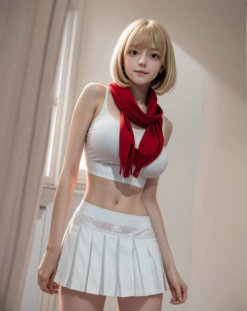 masterpiece, best quality, highres,
perfect anatomy,
(solo, 1 girl),
(looking away),
(from below, ground level shot), (lower body),
light blonde hair, bob hair, blunt bangs, straight hair, (large breasts), (pale skin:0.8),
skirt, ribbon, sailor collar, , pleated skirt, red scarf,
underwear, (white panties),
smile,
standing,
school,
night, darkness, dimly light, faint light,