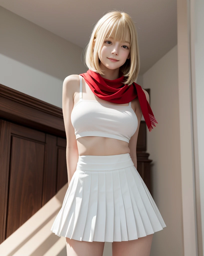 masterpiece, best quality, highres,
perfect anatomy,
(solo, 1 girl),
(looking away),
(from below, ground level shot), (lower body),
light blonde hair, bob hair, blunt bangs, straight hair, (large breasts), (pale skin:0.8),
skirt, ribbon, sailor collar, , pleated skirt, red scarf,
underwear, (white panties),
smile,
standing,
school,
night, darkness, dimly light, faint light,