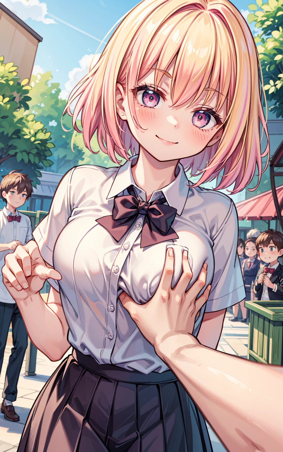 masterpiece, Highest quality, High resolution,(throw_hand grabbing chest),,One girl, One boy,Age difference,bow tie,Blonde,chest,Long Hair,Pink Hair,pleated skirt,Tucked in shirt,short hair,skirt,smile,Tent shirt,amusement_garden