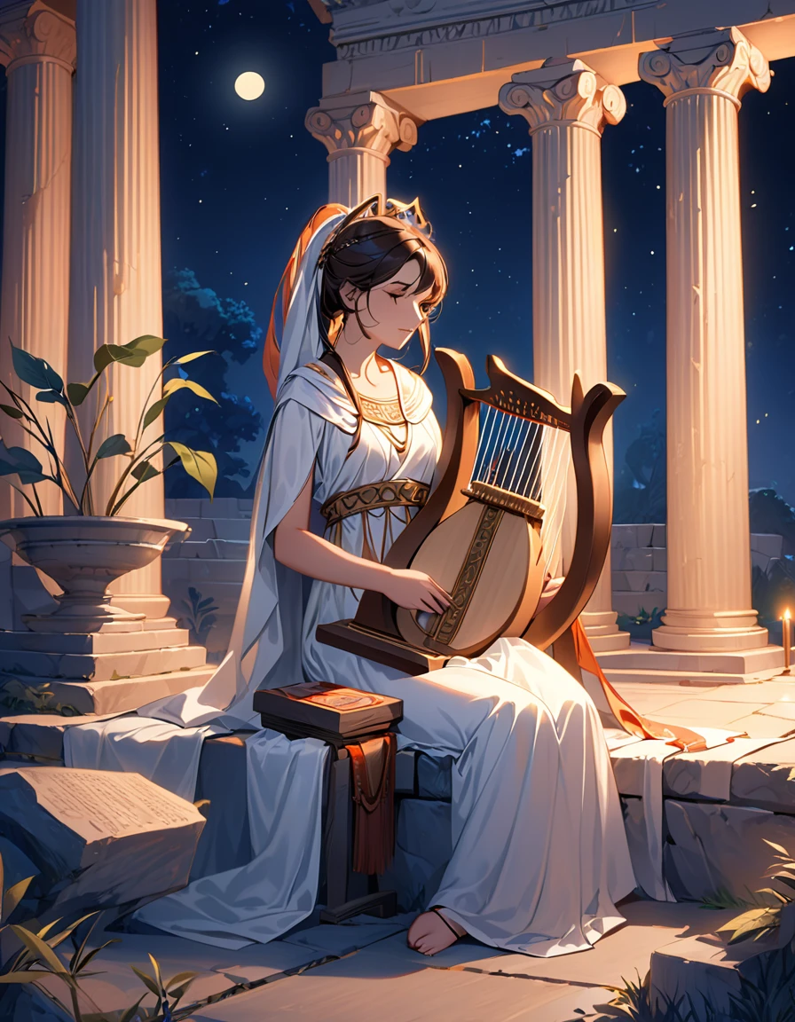 A young priestess sits and plays a large lyre in an ancient Greek temple late at night