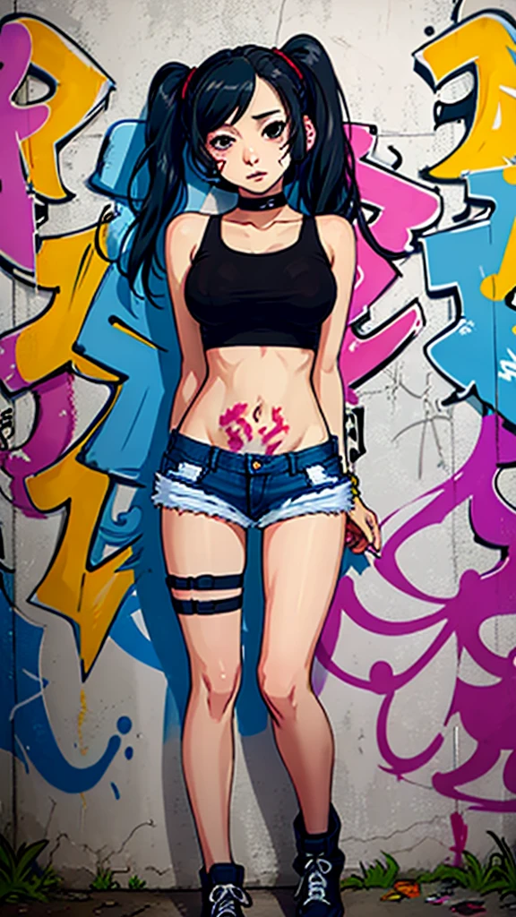 masterpiece, best quality, 1girl, solo, crop top, denim shorts, choker, (graffiti:1.5),  arms behind back, against wall, looking at viewer, armband, thigh strap, head tilt, bored, black hair, Black eyes, headset, chichi.