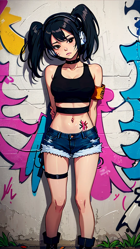 masterpiece, best quality, 1girl, solo, crop top, denim shorts, choker, (graffiti:1.5),  arms behind back, against wall, looking at viewer, armband, thigh strap, head tilt, bored, black hair, Black eyes, headset, chichi.