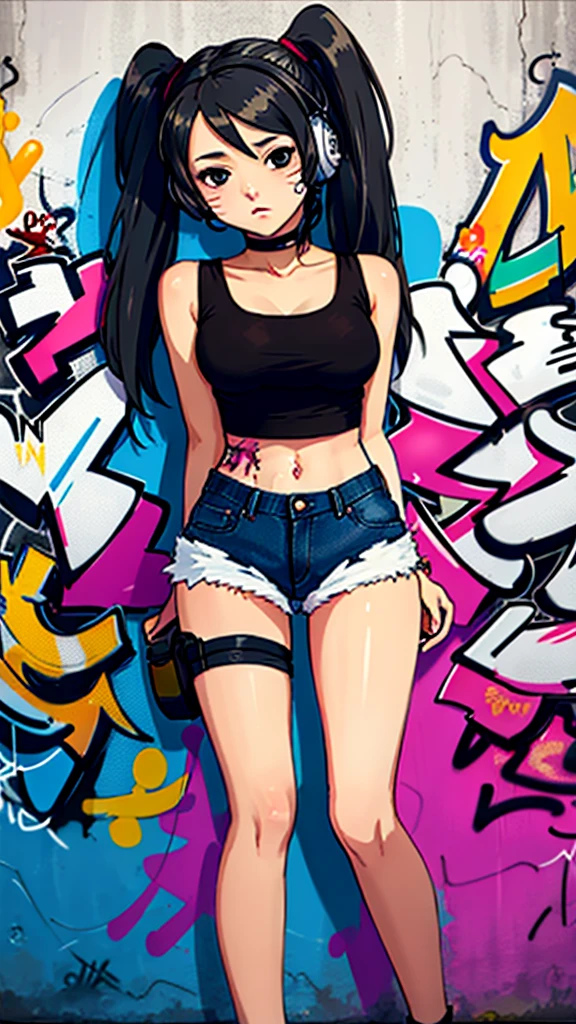 masterpiece, best quality, 1girl, solo, crop top, denim shorts, choker, (graffiti:1.5),  arms behind back, against wall, looking at viewer, armband, thigh strap, head tilt, bored, black hair, Black eyes, headset, chichi.