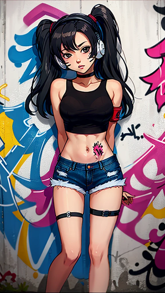 masterpiece, best quality, 1girl, solo, crop top, denim shorts, choker, (graffiti:1.5),  arms behind back, against wall, looking at viewer, armband, thigh strap, head tilt, bored, black hair, Black eyes, headset, chichi.