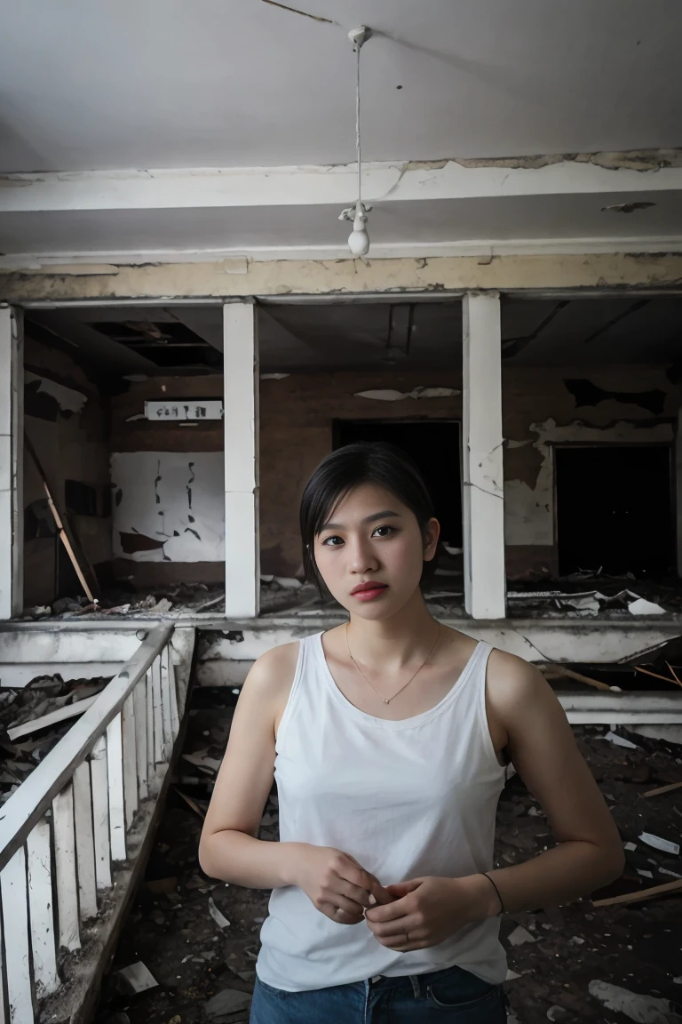 8k uhd, dslr, high quality , RAW photo, Amateur Photography Fujifilm XT3, Canon R5, Handsome tomboy short hair, Inside Abandoned house