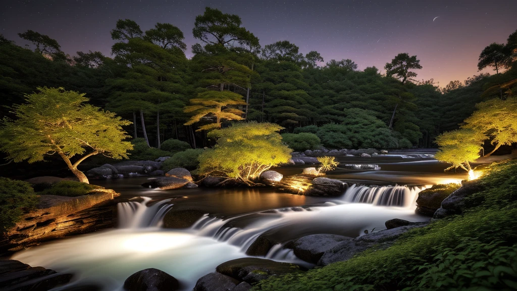 （masterpiece、Highest quality）(night:1.5)、Deep and lush ancient forest、Mysterious Forest、(静かなnightの森のlandscape:1.3)、Quiet Stream、（An illustration:1.2）、(High-resolution details:1.2)、（8K wallpapers incorporating high definition CG）、mysterious、Healing、landscape、