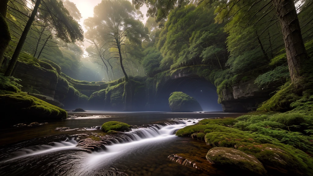 (masterpiece、Highest quality)(night:1.5)、Deep and lush ancient forest、Mysterious Forest、(静かなnightの森のlandscape:1.3)、Quiet Stream、(An illustration:1.2)、(High-resolution details:1.2)、(8K wallpapers incorporating high definition CG)、mysterious、Healing、landscape、