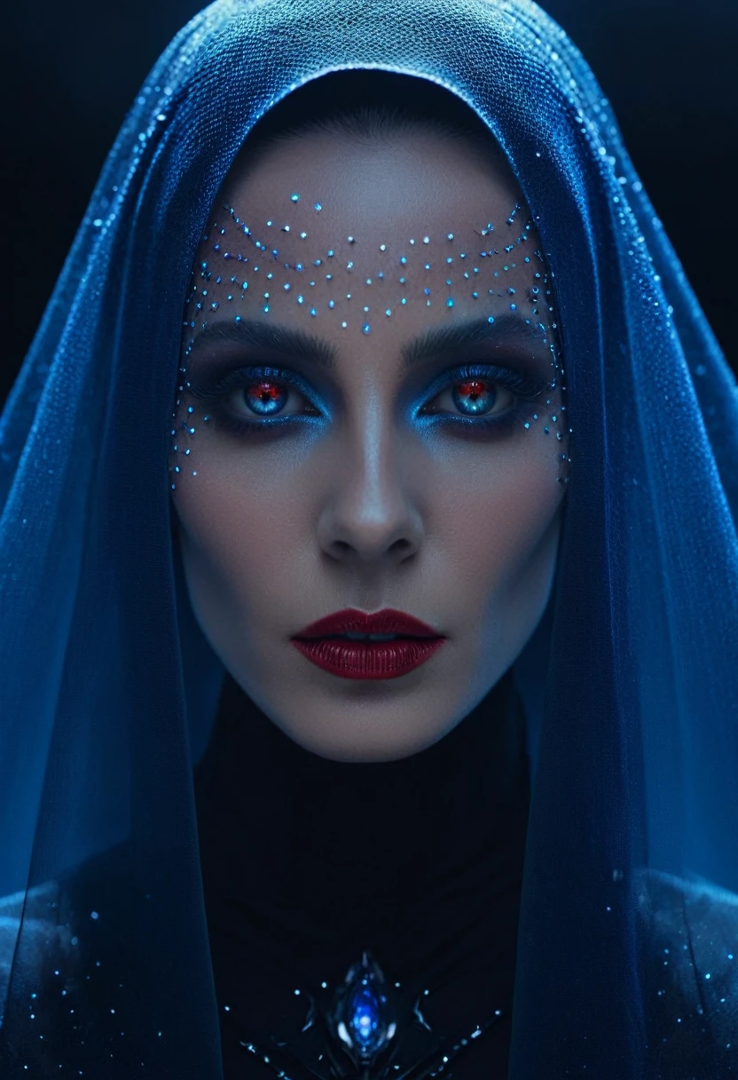 Fashionable portrait of androgynous alien looking witch wearing veil, glowing eyes, futuristic design, minimal details, givenchy, photoreal, 200mm, hd, f/ 2.0, highly detailed, surreal , drop dead, in the style of red and blue, (intricate details, hyperdetailed:1.15) (skin texture:1.2), cinematic, professional, 4k,