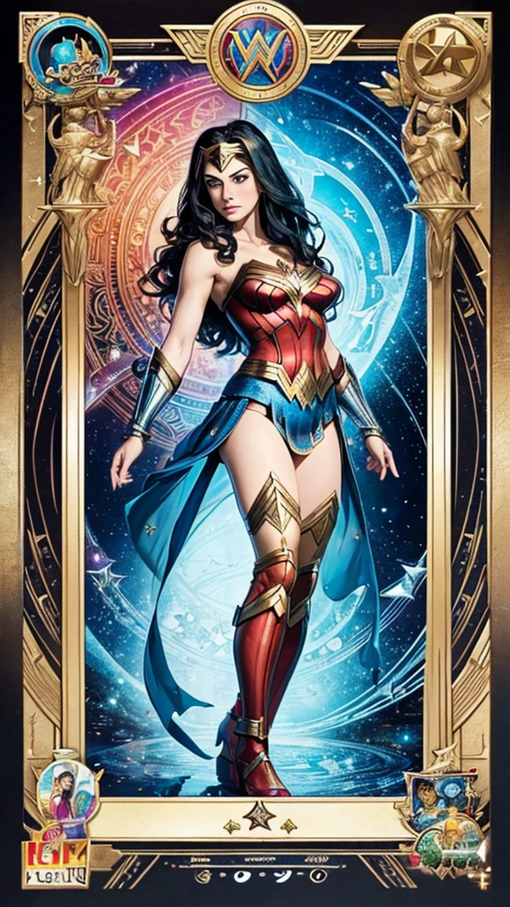 Full colour tarot full page standing wonder woman with many lines and ornaments, extremely detailed many layers, old card design, symmetrical design, mandala arabesque style, old design on old paper, full page , with intricate greebling, hyper realistic, real photography