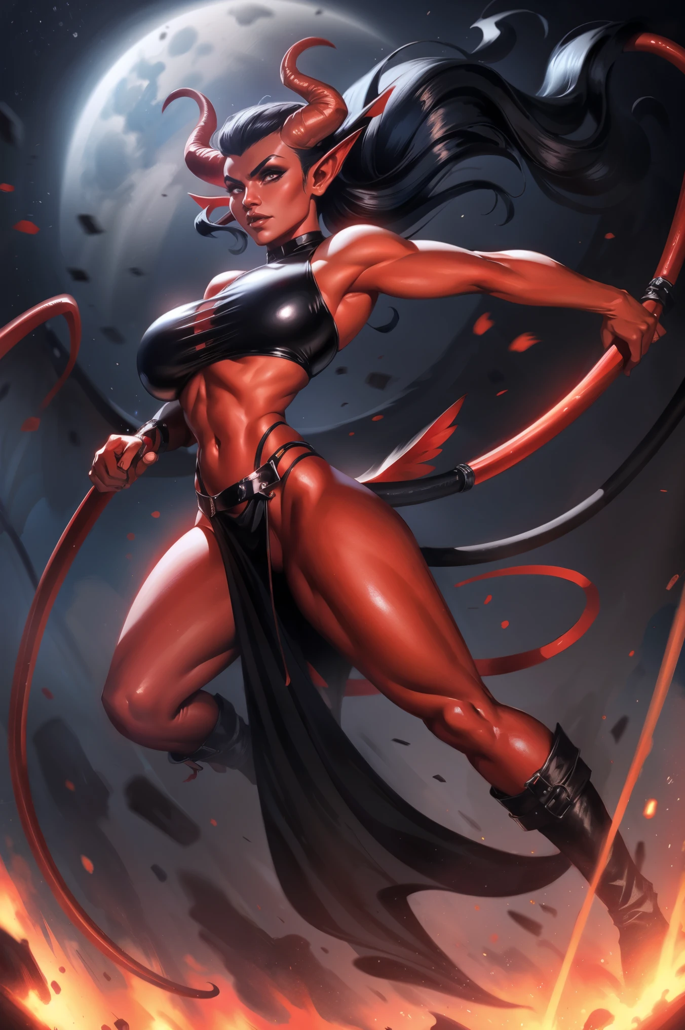 Red skin succubus tiefling, large breasts, black horns, wings, huge tail, black leather, crop top, long flowing pelvic curtain, tall, athletic, graceful, thin, long black ponytail. Action scene, whip. Dark scene, explosions, night sky.