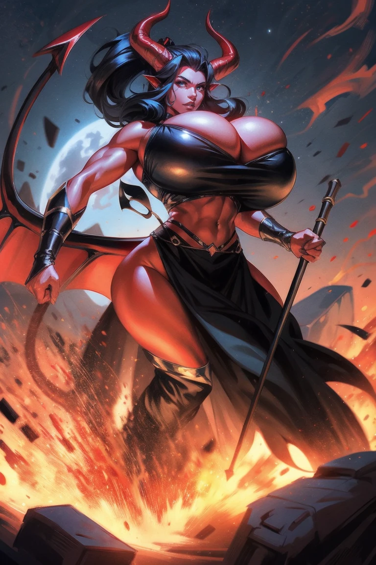 Red skin succubus tiefling, large breasts, black horns, wings, huge tail, black leather, crop top, long flowing pelvic curtain, tall, athletic, graceful, thin, long black ponytail. Action scene, whip. Dark scene, explosions, night sky.