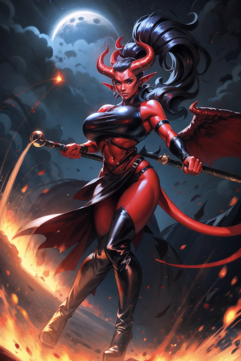 Red skin succubus tiefling, large breasts, black horns, wings, huge tail, black leather, crop top, long flowing pelvic curtain, tall, athletic, graceful, thin, long black ponytail. Action scene, whip. Dark scene, explosions, night sky.