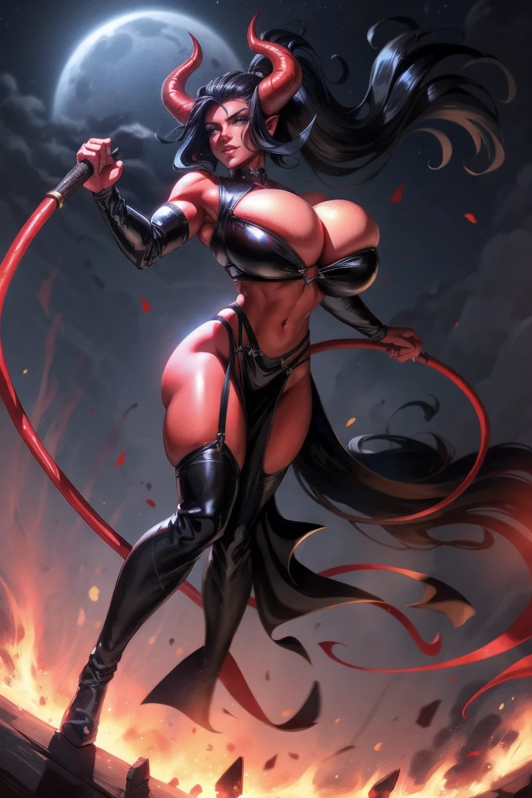 Red skin succubus tiefling, large breasts, black horns, wings, huge tail, black leather, crop top, long flowing pelvic curtain, tall, athletic, graceful, thin, long black ponytail. Action scene, whip. Dark scene, explosions, night sky.