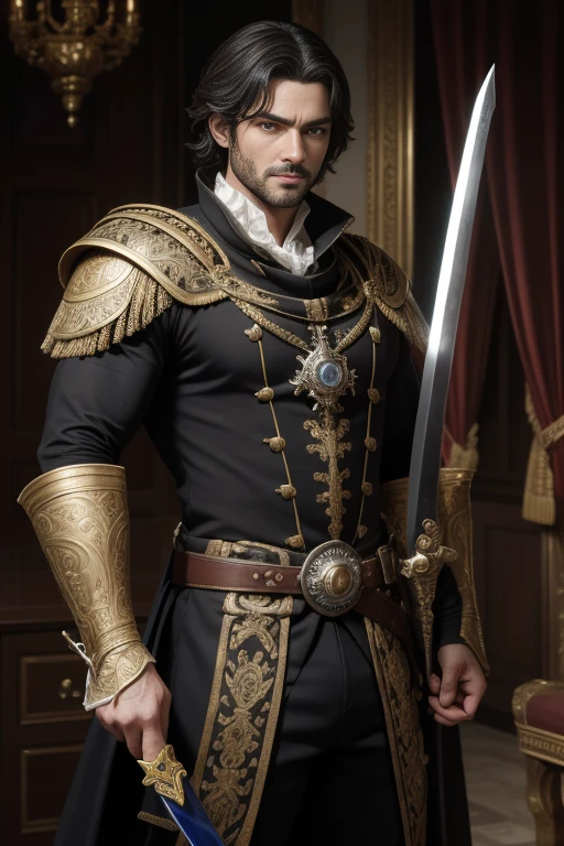 （absurderes，A high resolution，Hyper-detail，hdr），naughty man ，Masterpiece artwork，best qualityer，1 person，only，bonitas，gold eyes，fine eyes and detailed face，with sword，serious but with a slight smile ，muscular ，Show your temperament，mascle，masculine appeal，mascle characteristics are distinct，short messy hair, black hair thrown back，haughty，self-confident，Majestically holding a sword，pondering，standing ，paramount，bonitas，(is dressed in Wriothesley&#39;s clothes from Genshin Impact)