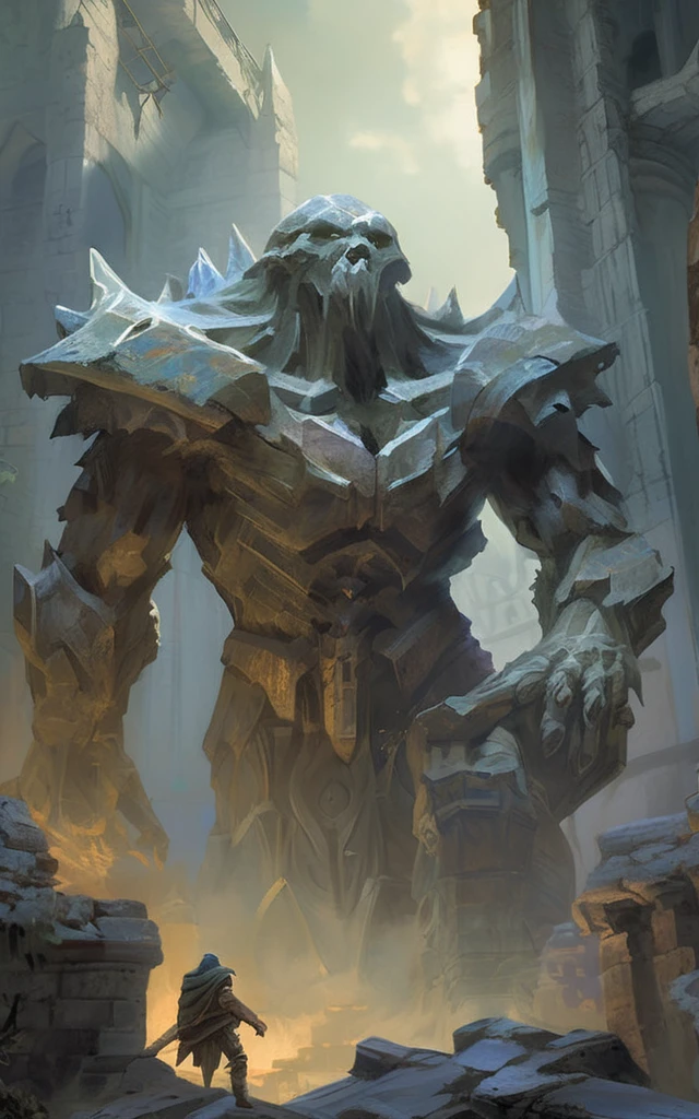 high fantasy aesthetics, highest quality, a dark and moody fantasy illustration of a goliath ice Golem on a palace hidden beneath the rubble of an abandoned city with secret passages and hidden rooms waiting to be discovered, featuring crumbling ruins and overgrown streets, high quality, highly detailed, 4k, 8k, by Dave Dorman and modern art by Kyu Yong Eom, earth giant