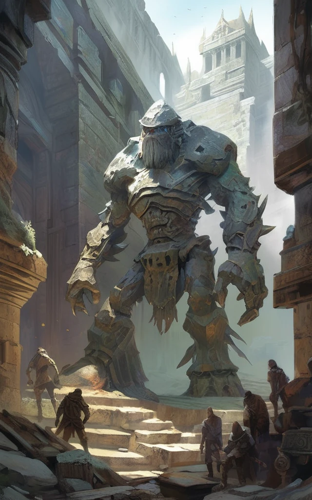 high fantasy aesthetics, highest quality, a dark and moody fantasy illustration of a goliath ice Golem on a palace hidden beneath the rubble of an abandoned city with secret passages and hidden rooms waiting to be discovered, featuring crumbling ruins and overgrown streets, high quality, highly detailed, 4k, 8k, by Dave Dorman and modern art by Kyu Yong Eom, earth giant