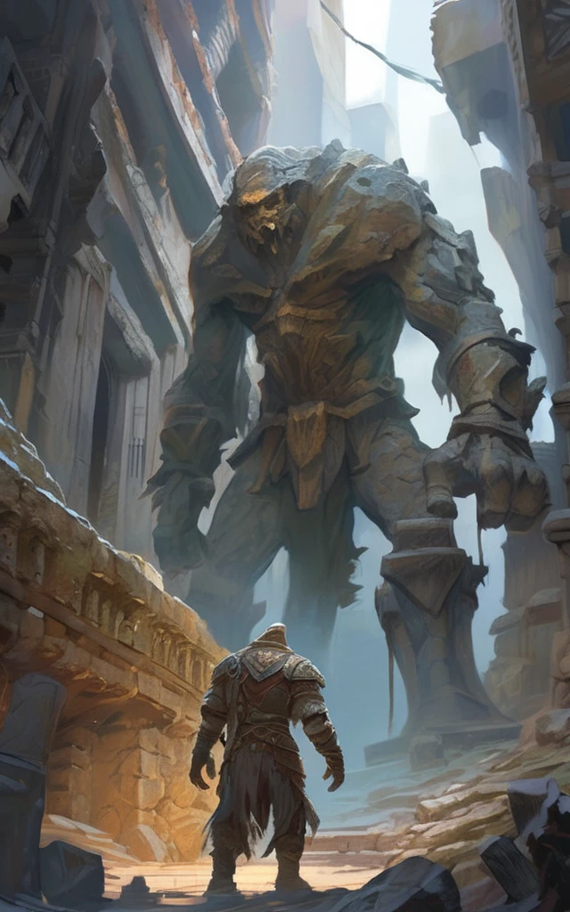 high fantasy aesthetics, highest quality, a dark and moody fantasy illustration of a goliath ice Golem on a palace hidden beneath the rubble of an abandoned city with secret passages and hidden rooms waiting to be discovered, featuring crumbling ruins and overgrown streets, high quality, highly detailed, 4k, 8k, by Dave Dorman and modern art by Kyu Yong Eom, earth giant
