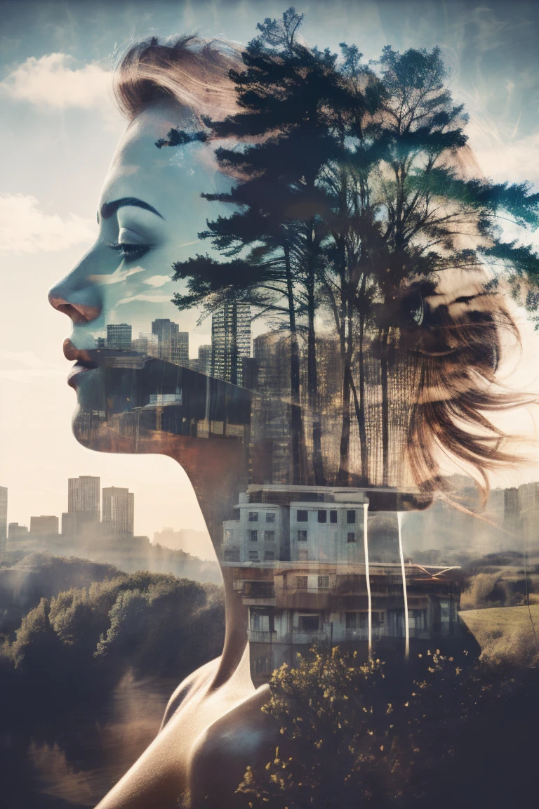 Light of the sun,Madder sky, Forests and Grasslands, A foggy cityscape seen in the distance，one very beautiful girl，Wearing red clothes,city: 0.33，Immerse yourself in a huge wind current，living in white clouds，Beyond the Clouds，(Double exposure: 1.5)，photo shoot：Brandon Wolfermist，Surreal dreams，Ethereal atmosphere, a sunny day，Contour，Global Illumination，RGB Color，Colorful paintings，High Sharpness，8K，Ghibli Color，Cubism，超High resolution，Anatomically correct，Texture Skin，Accurate，masterpiece，High resolutwards，Double exposure