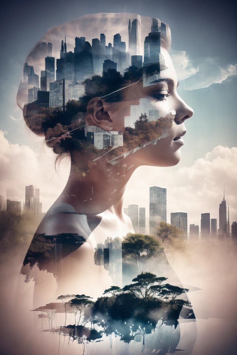 Light of the sun,Madder sky, Forests and Grasslands, A foggy cityscape seen in the distance，one very beautiful girl，Wearing red clothes,city: 0.33，Immerse yourself in a huge wind current，living in white clouds，Beyond the Clouds，(Double exposure: 1.5)，photo shoot：Brandon Wolfermist，Surreal dreams，Ethereal atmosphere, a sunny day，Contour，Global Illumination，RGB Color，Colorful paintings，High Sharpness，8K，Ghibli Color，Cubism，超High resolution，Anatomically correct，Texture Skin，Accurate，masterpiece，High resolutwards，Double exposure