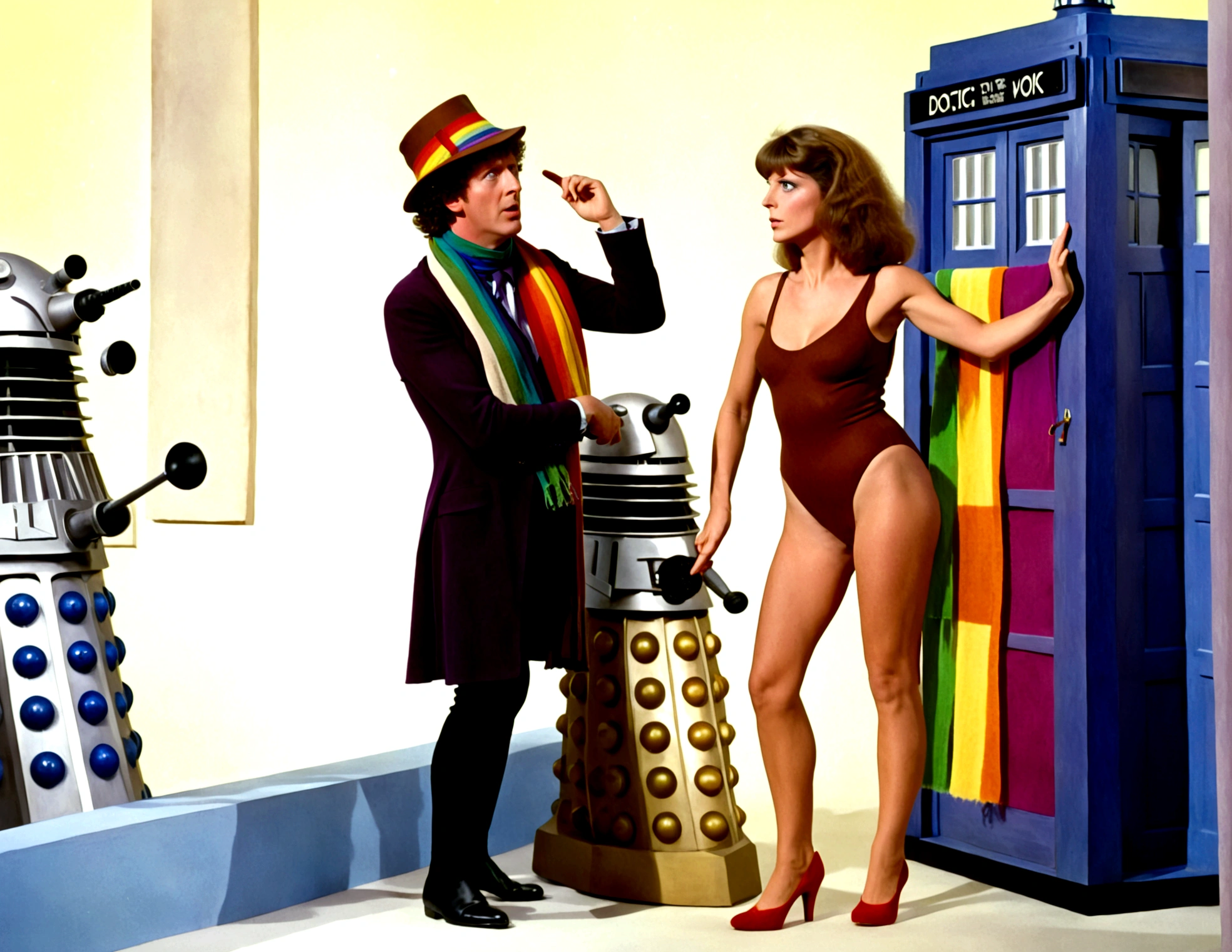 Tom Baker Doctor Who 1980 (classic rainbow scarf and felt hat), is arguing with a dalek, his companion (a swift woman, alien sexy leotard) damsel in distress shackled to the wall